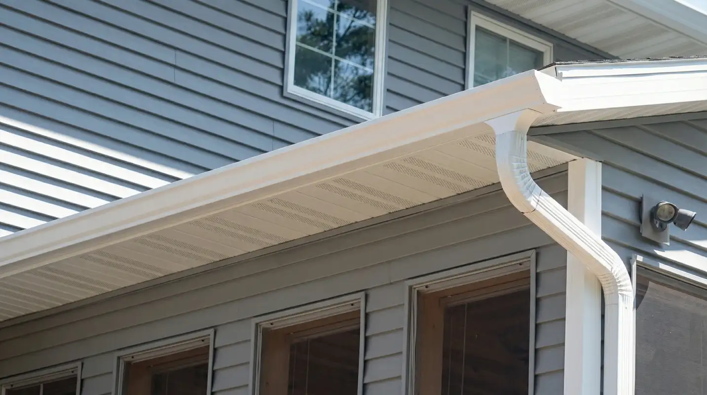 Professional home remodeling project showing newly installed white seamless gutters and downspouts on a house with gray siding in Los Angeles, CA