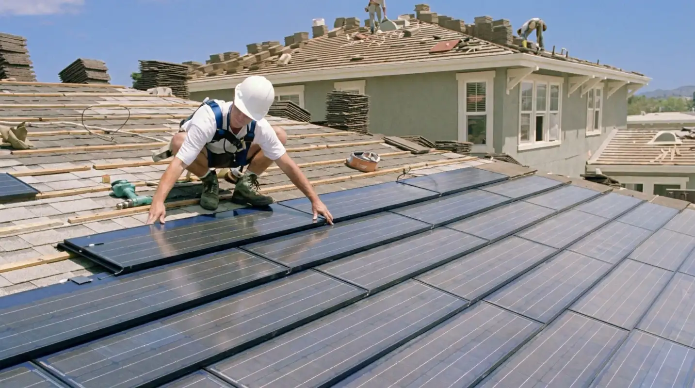 Roof replacement expert installing modern solar shingles on a residential home in Los Angeles, CA