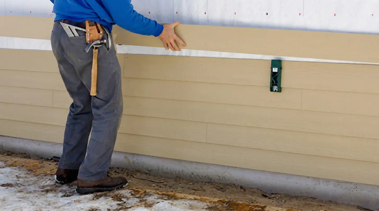 Siding replacement expert carefully aligning a new tan siding panel onto a residential exterior wall in Los Angeles, CA