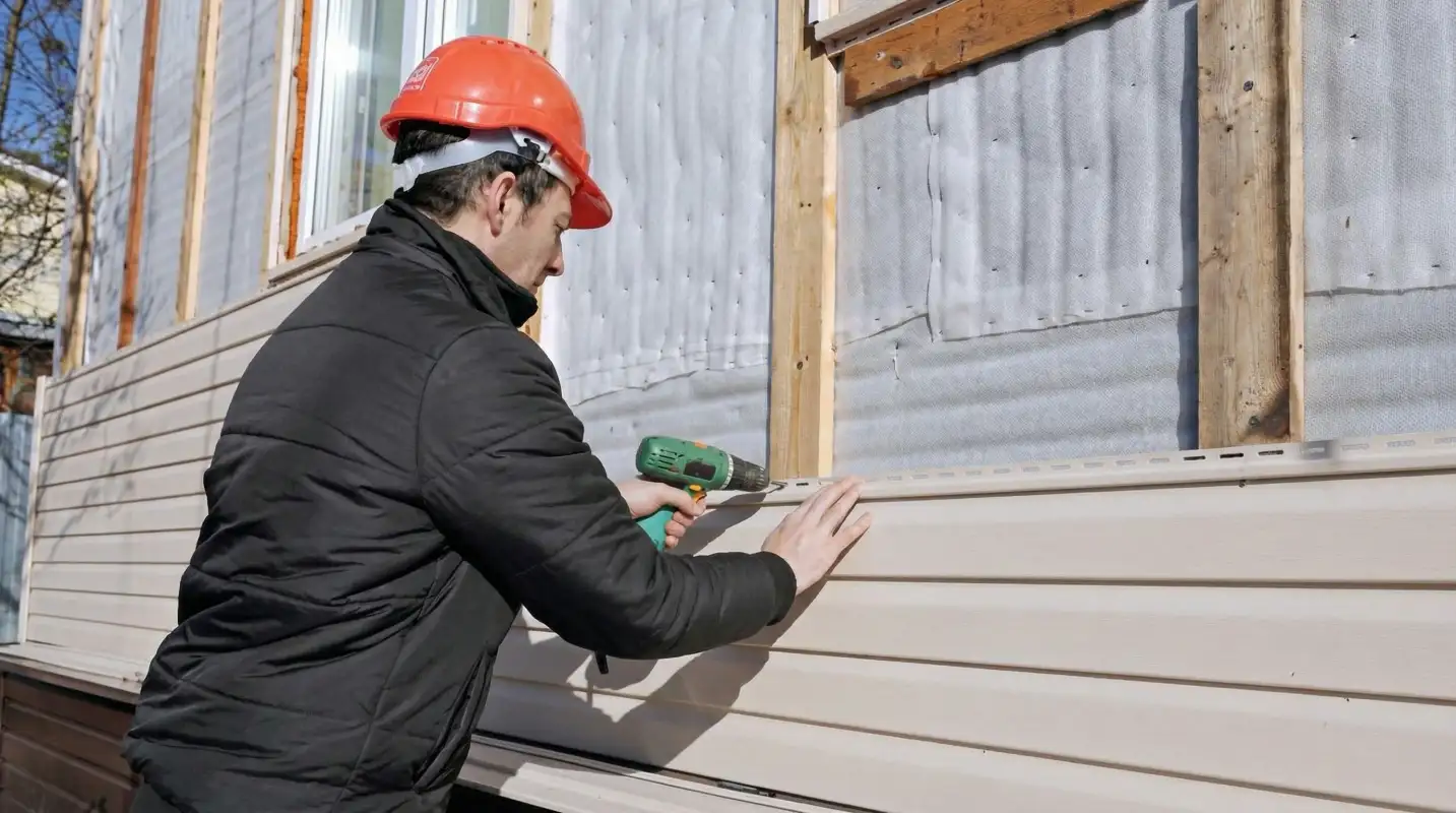 Siding replacement professional using a power drill to install new tan vinyl siding on a home exterior in Los Angeles, CA