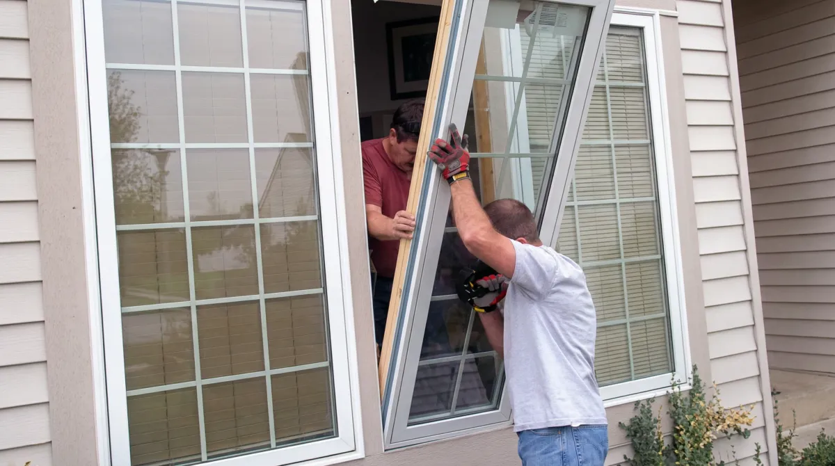 Professional home remodeling team installing a large replacement window on a house with tan siding in Los Angeles, CA