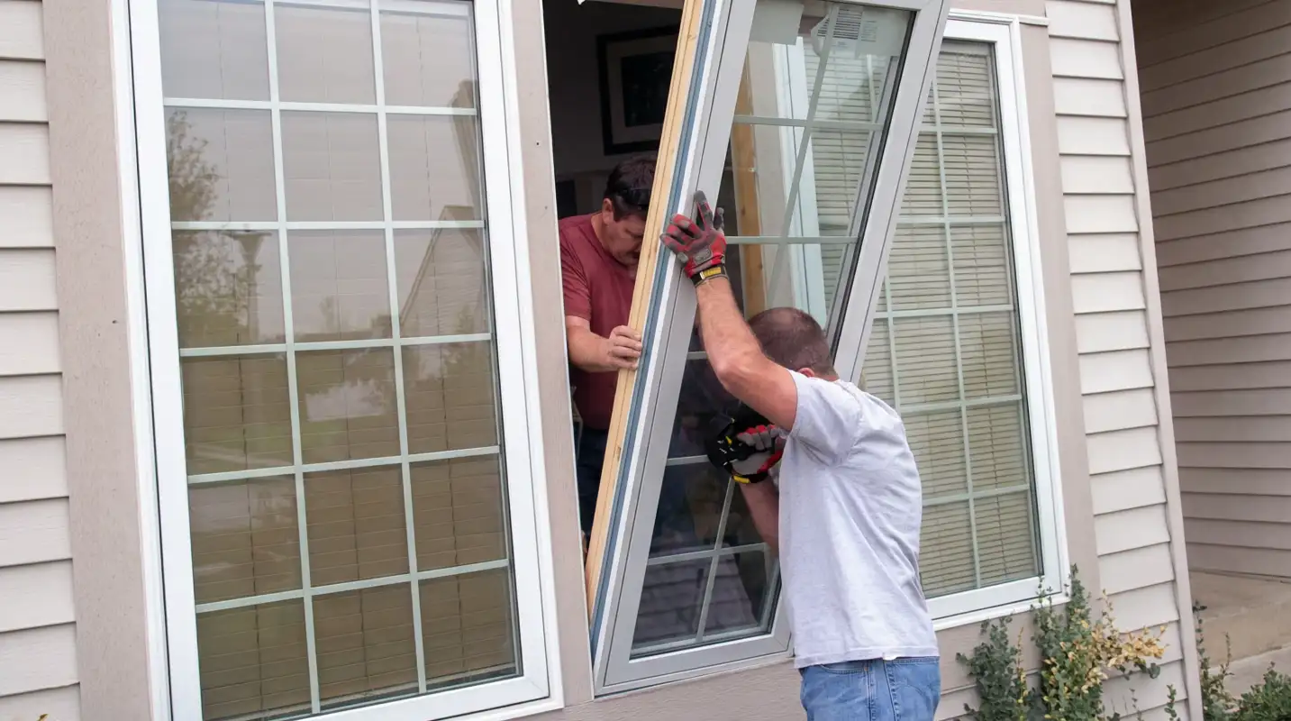 Professional home remodeling team installing a large replacement window on a house with tan siding in Los Angeles, CA